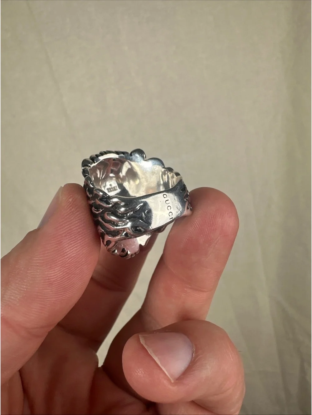 GUCCI Lion Head Ring Black Silver Tone Sz 23 Made in Italy